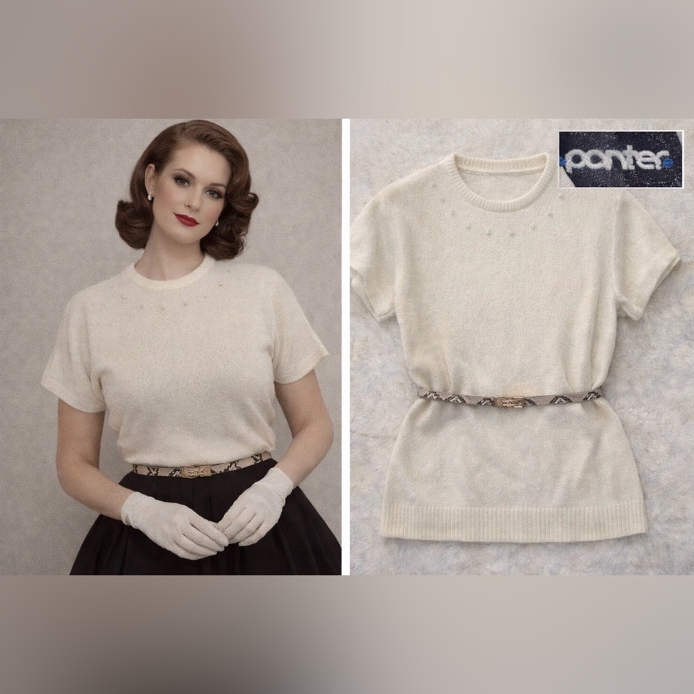 *Vintage 70’s does 50’s- Panter / Cream Cap Sleeve knit top with pearl detail